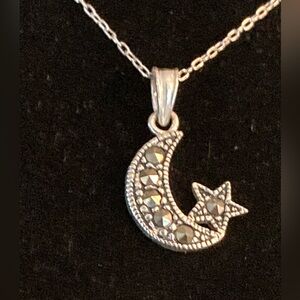 Sterling Silver and marcasite necklace- moon and star